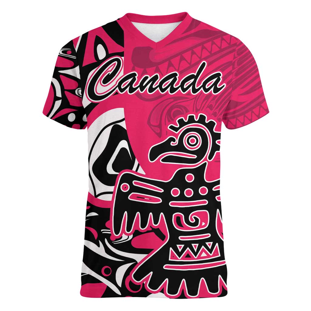 Personalized Canada Haida Eagle Women V-Neck T-Shirt Pink Style