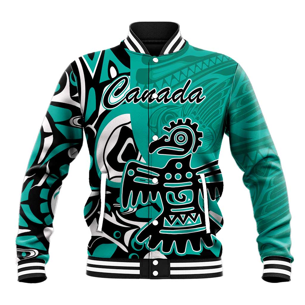 Turquoise baseball jacket with Canada graphic, striped ribbed collar and cuffs