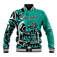 Turquoise baseball jacket with Canada graphic, striped ribbed collar and cuffs