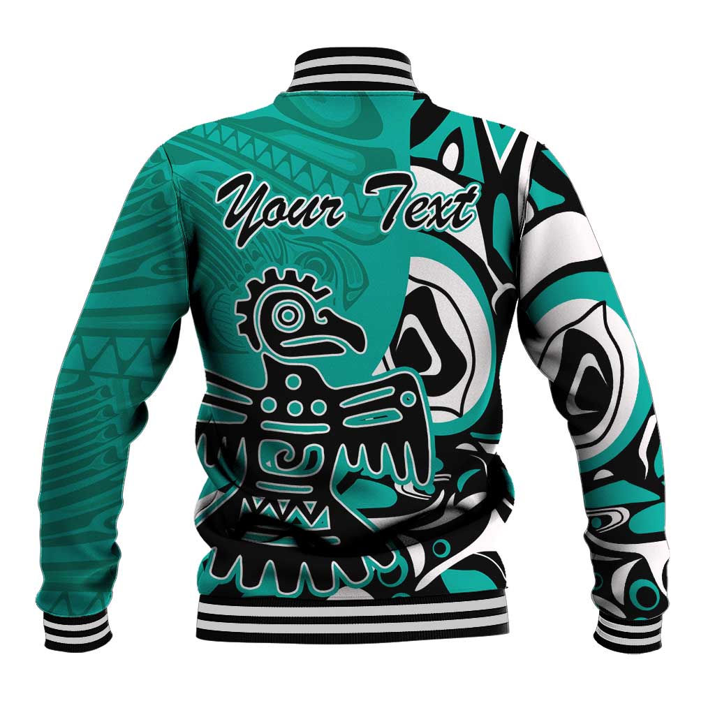 Turquoise baseball jacket with 'Your Text' back print, striped ribbed hem and cuffs
