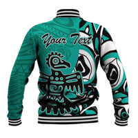 Turquoise baseball jacket with 'Your Text' back print, striped ribbed hem and cuffs