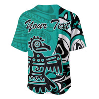 Turquoise baseball jersey with Haida eagle graphic and "Your Text" on back, black accents