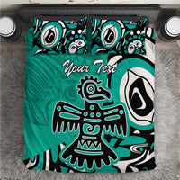 Turquoise personalized bedding set with “Your Text,” eagle and totem pattern on duvet