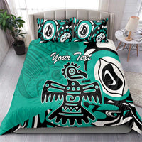 Turquoise bedding set with “Your Text,” eagle graphic and black-white tribal figures