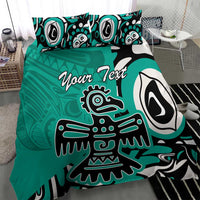 Turquoise bedding set with “Your Text,” large eagle illustration and tribal motif