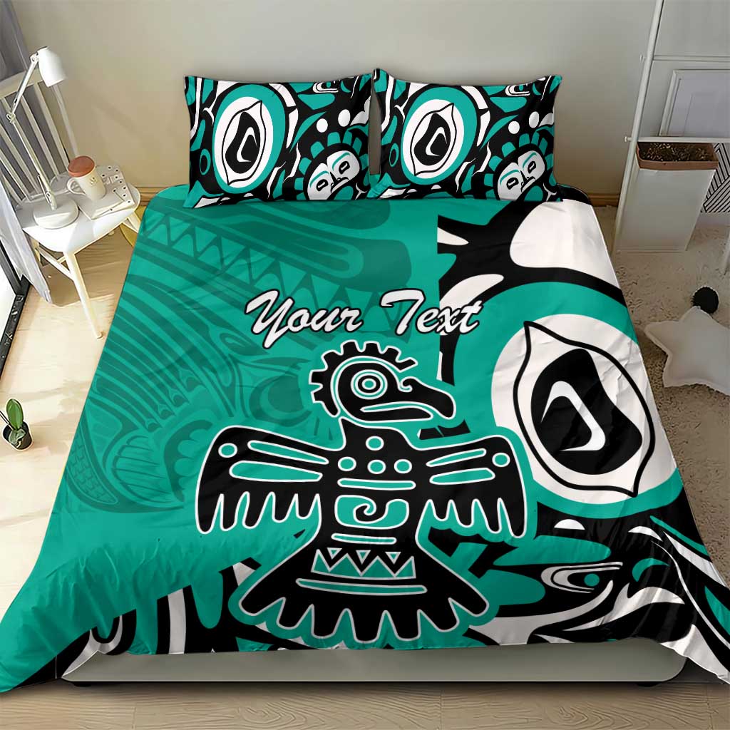 Turquoise personalized bedding set with “Your Text,” eagle design and striped details