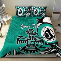 Turquoise personalized bedding set with “Your Text,” eagle design and striped details