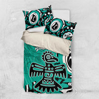 Turquoise eagle bedding set with matching pillowcases, black and white tribal pattern