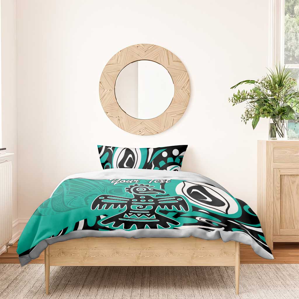 Turquoise duvet and pillowcase set with “Your Text,” eagle graphic in black and white