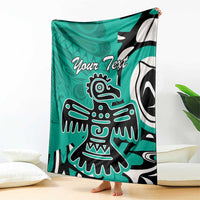 Personalized eagle blanket, turquoise throw with black-and-white eagle design and custom text