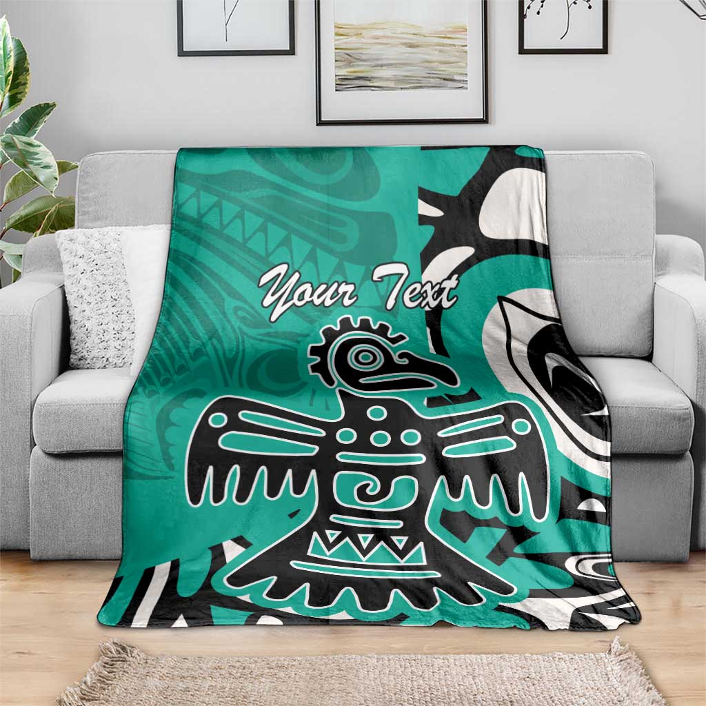 Personalized eagle blanket, turquoise with bold black-and-white eagle graphic and custom text