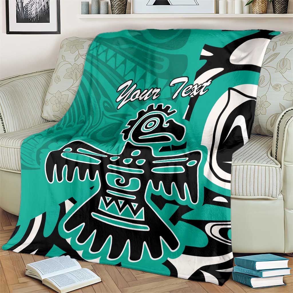 Personalized eagle blanket, turquoise with black-and-white eagle emblem and custom text
