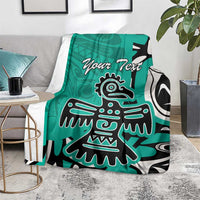 Personalized eagle blanket, turquoise with black-and-white eagle artwork and custom text