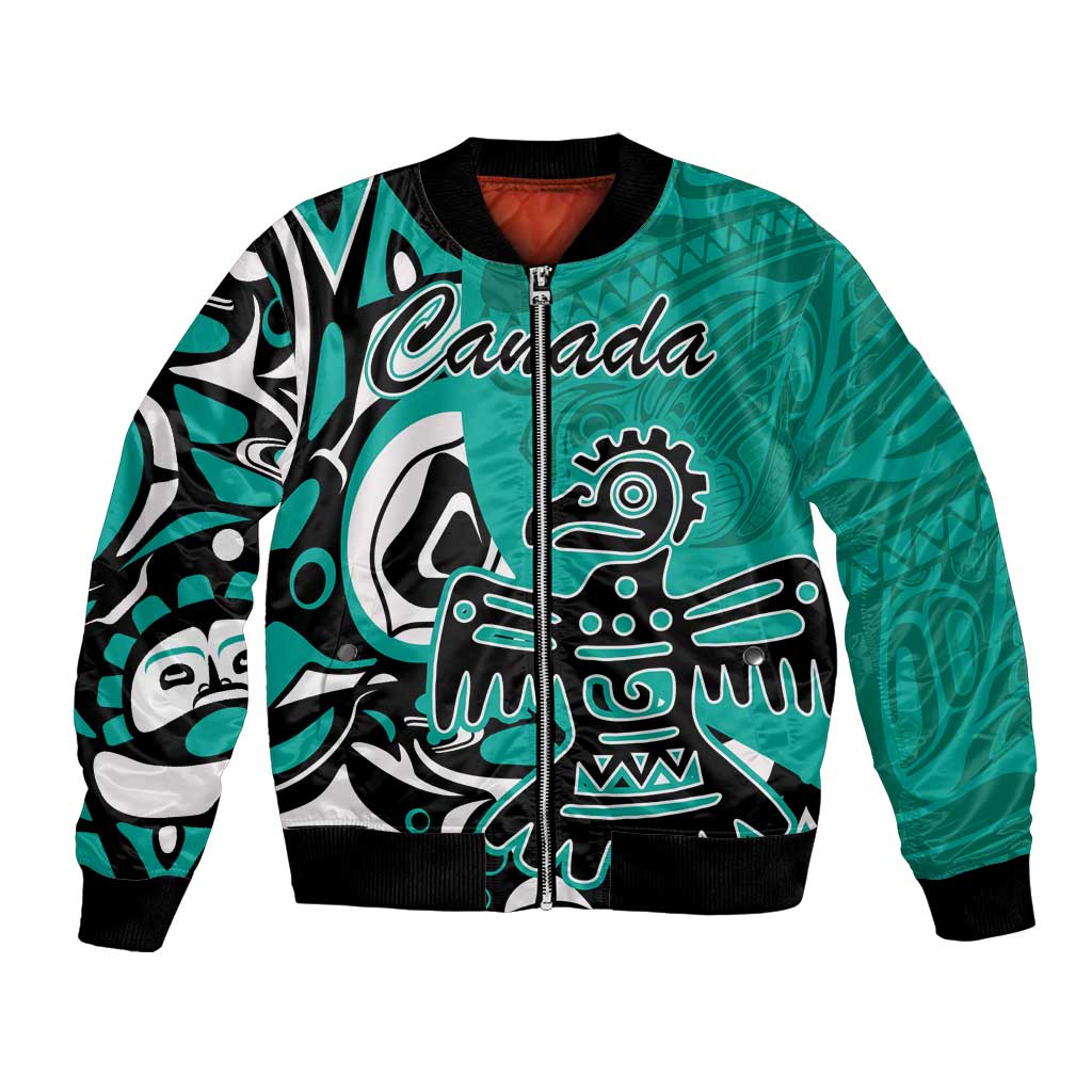 Turquoise bomber jacket with front zipper, black rib trim, Canada and tribal animal print