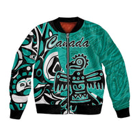 Turquoise bomber jacket with front zipper, black rib trim, Canada and tribal animal print