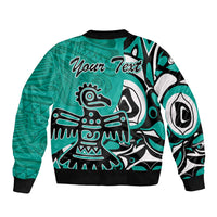 Turquoise bomber jacket with black rib trim and tribal animal print, "Your Text"