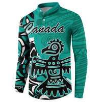 Turquoise button sweatshirt with large Haida-style eagle graphic and 'Canada' text