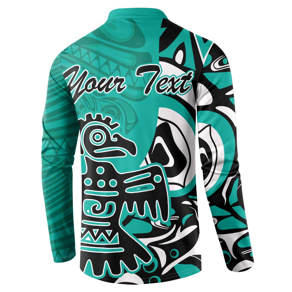 Turquoise button sweatshirt back with Haida eagle graphic and 'Your Text' script