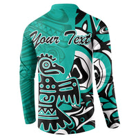 Turquoise button sweatshirt back with Haida eagle graphic and 'Your Text' script