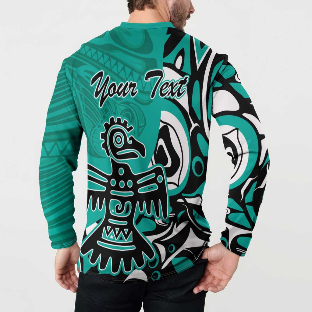 Turquoise button sweatshirt back with Haida eagle graphic and 'Your Text' script