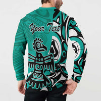 Turquoise button sweatshirt back with Haida eagle graphic and 'Your Text' script
