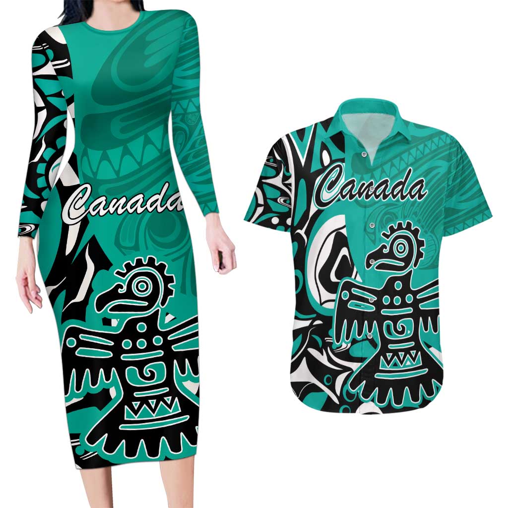 Personalized Canada Haida Eagle Couples Matching Long Sleeve Bodycon Dress and Hawaiian Shirt Turquoise Style - Wonder Print Shop