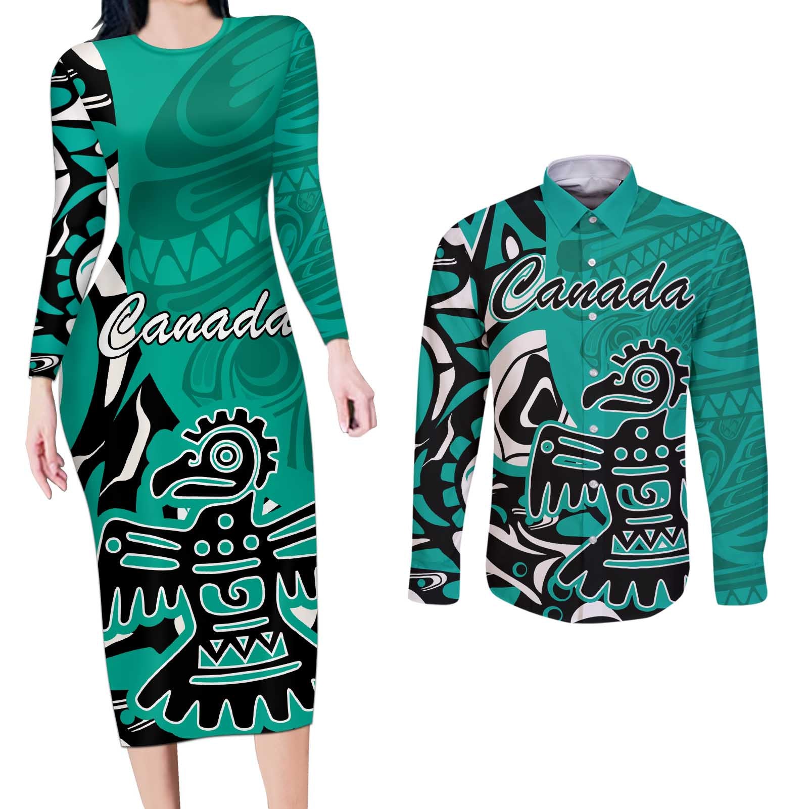 Personalized Canada Haida Eagle Couples Matching Long Sleeve Bodycon Dress and Long Sleeve Button Shirt Turquoise Style - Wonder Print Shop