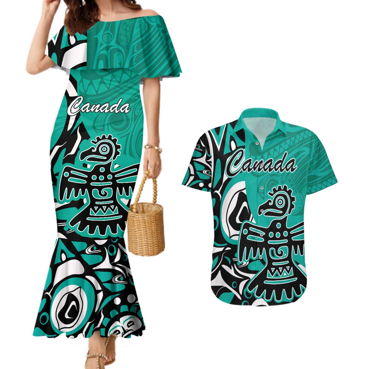 Personalized Canada Haida Eagle Couples Matching Mermaid Dress and Hawaiian Shirt Turquoise Style - Wonder Print Shop