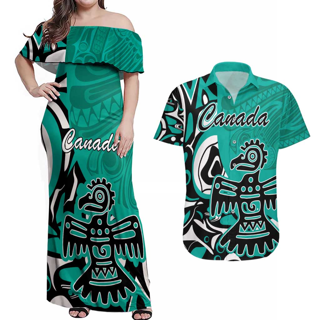 Personalized Canada Haida Eagle Couples Matching Off Shoulder Maxi Dress and Hawaiian Shirt Turquoise Style - Wonder Print Shop