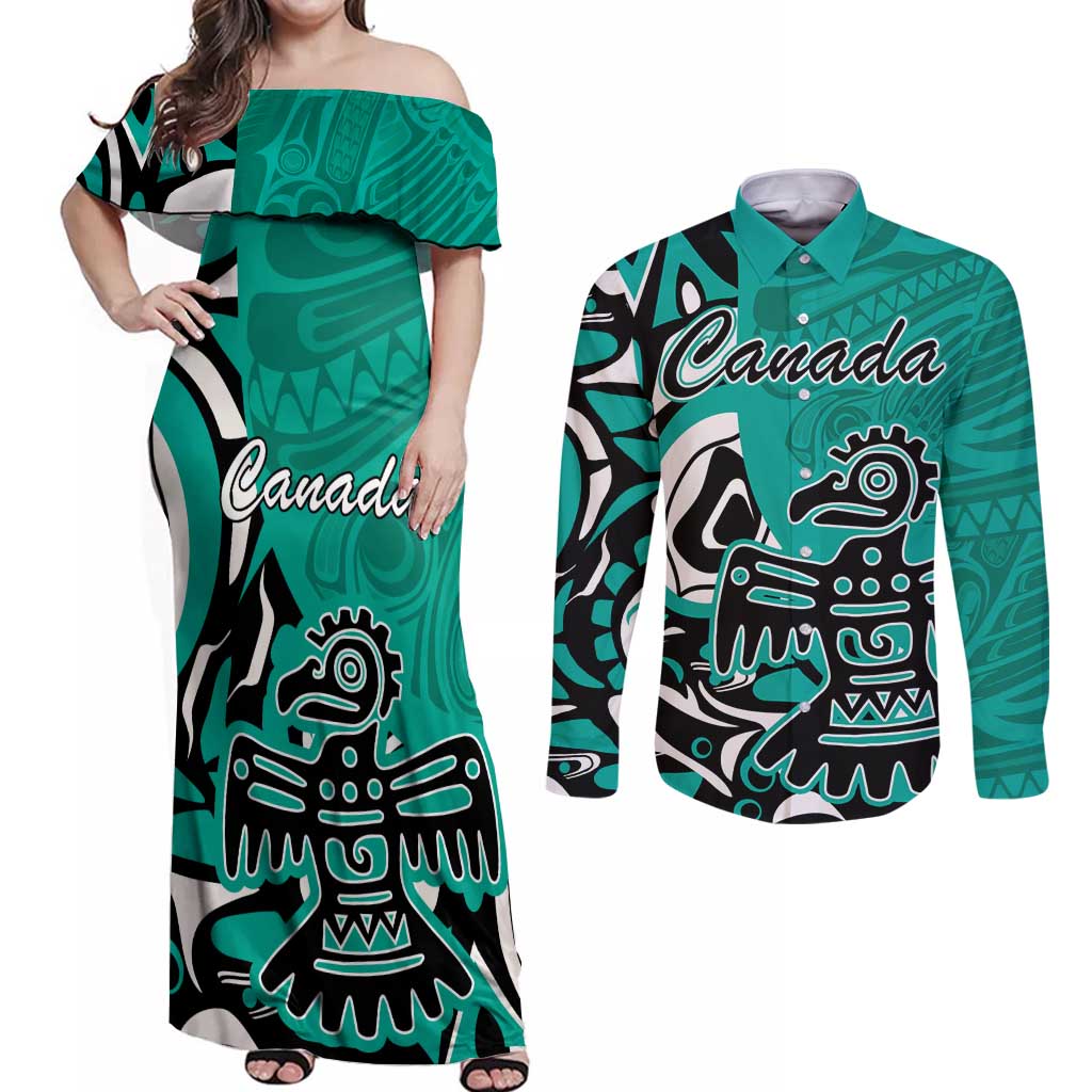 Personalized Canada Haida Eagle Couples Matching Off Shoulder Maxi Dress and Long Sleeve Button Shirt Turquoise Style - Wonder Print Shop