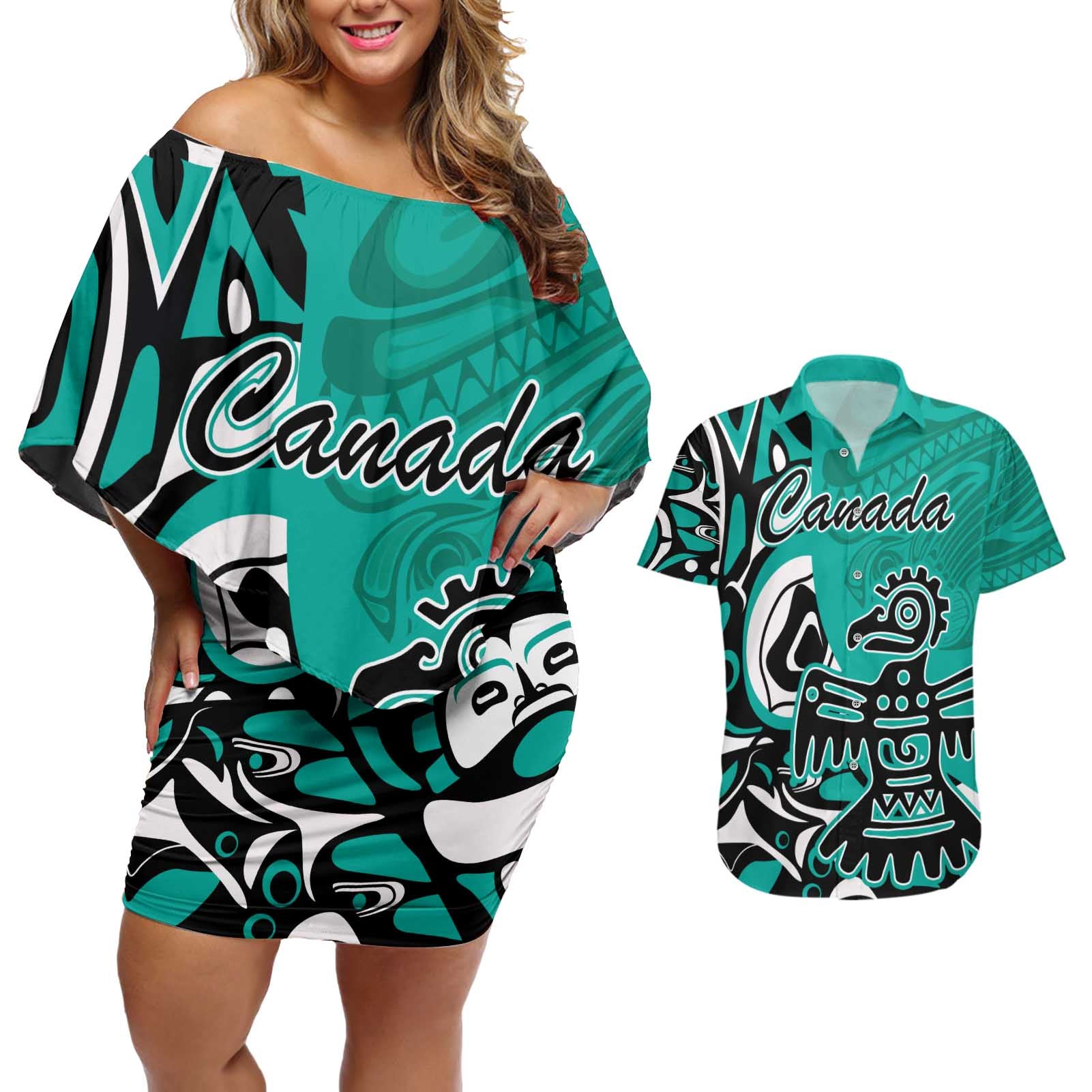 Personalized Canada Haida Eagle Couples Matching Off Shoulder Short Dress and Hawaiian Shirt Turquoise Style - Wonder Print Shop