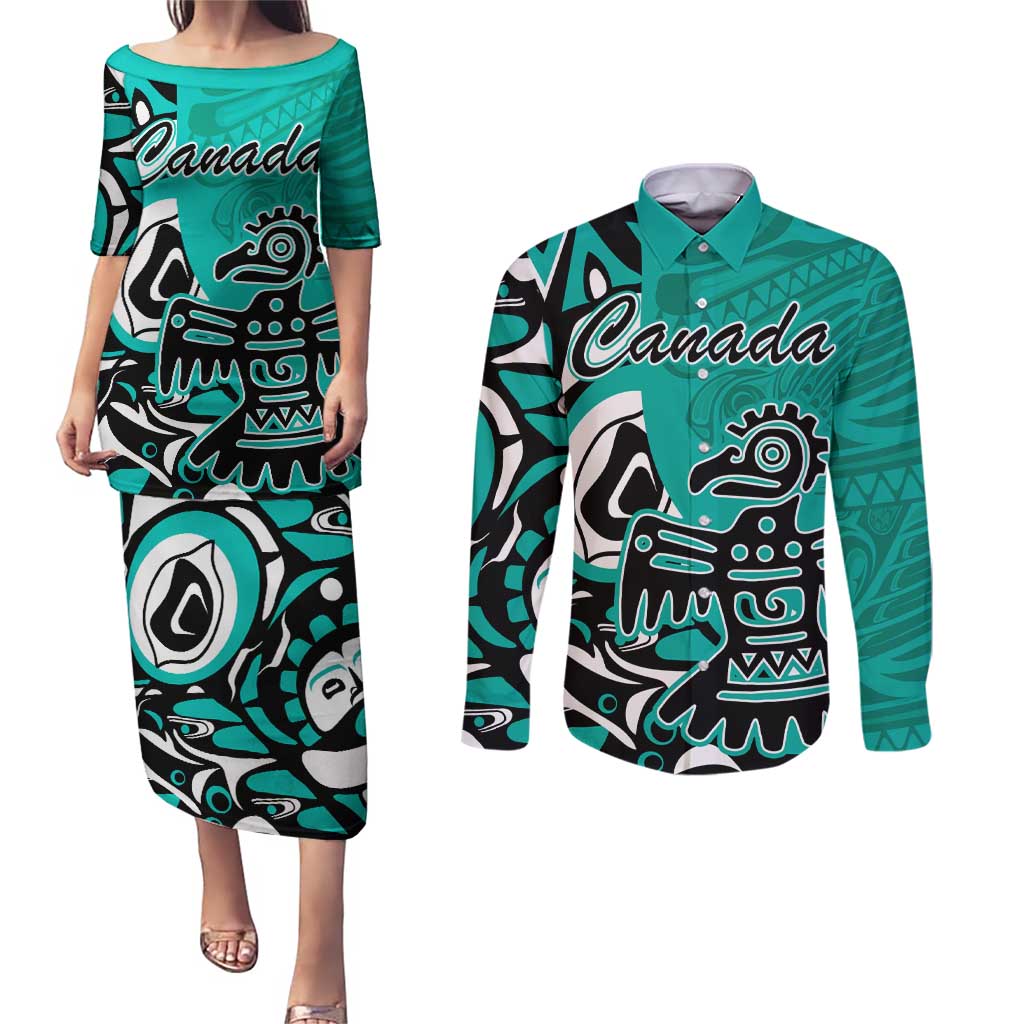 Personalized Canada Haida Eagle Couples Matching Puletasi and Long Sleeve Button Shirt Turquoise Style - Wonder Print Shop