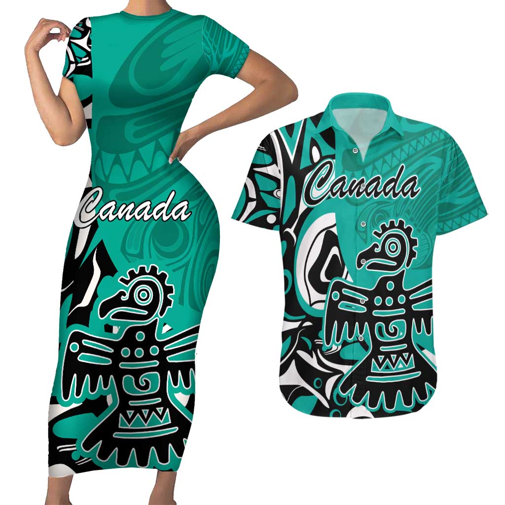 Personalized Canada Haida Eagle Couples Matching Short Sleeve Bodycon Dress and Hawaiian Shirt Turquoise Style - Wonder Print Shop