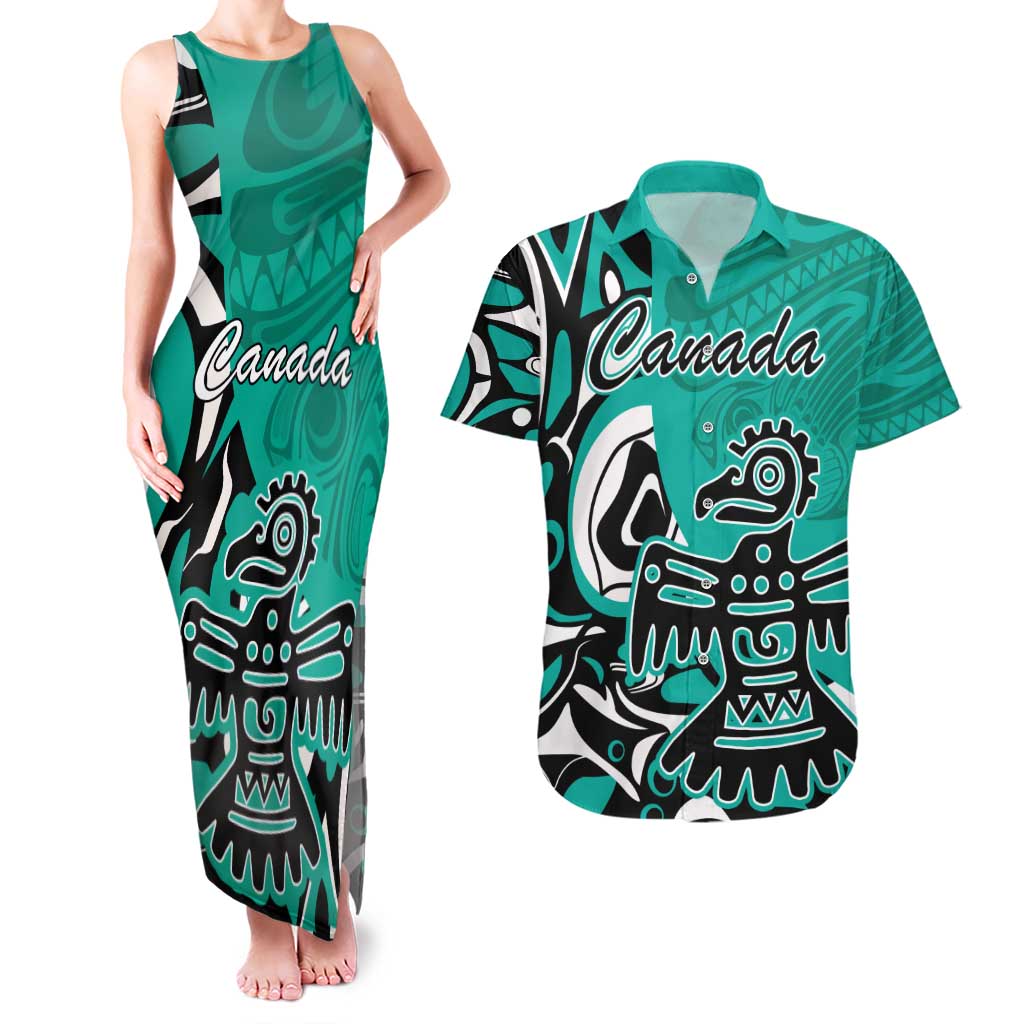 Personalized Canada Haida Eagle Couples Matching Tank Maxi Dress and Hawaiian Shirt Turquoise Style - Wonder Print Shop