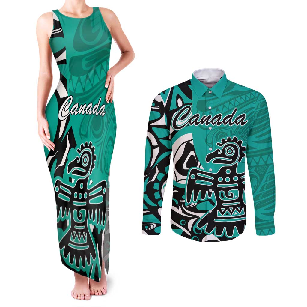 Personalized Canada Haida Eagle Couples Matching Tank Maxi Dress and Long Sleeve Button Shirt Turquoise Style - Wonder Print Shop