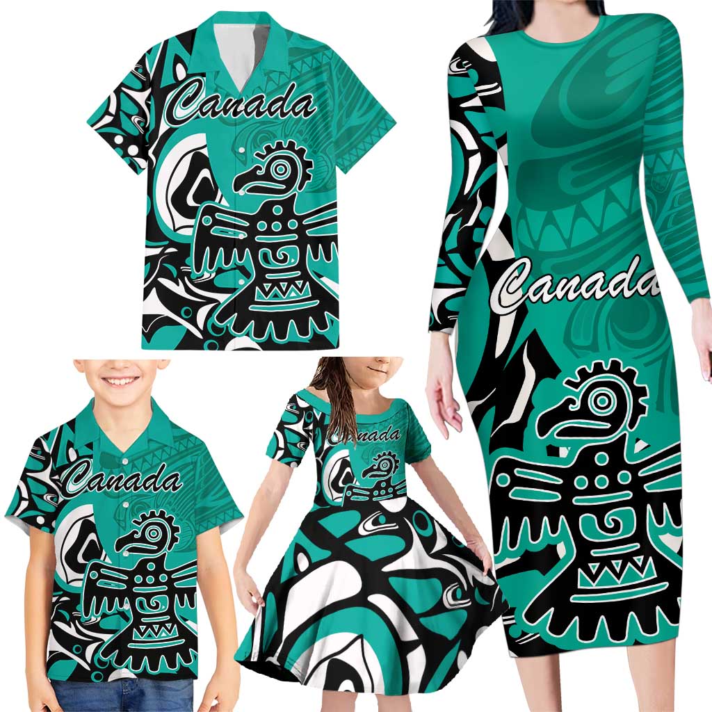 Personalized Canada Haida Eagle Family Matching Long Sleeve Bodycon Dress and Hawaiian Shirt Turquoise Style - Wonder Print Shop