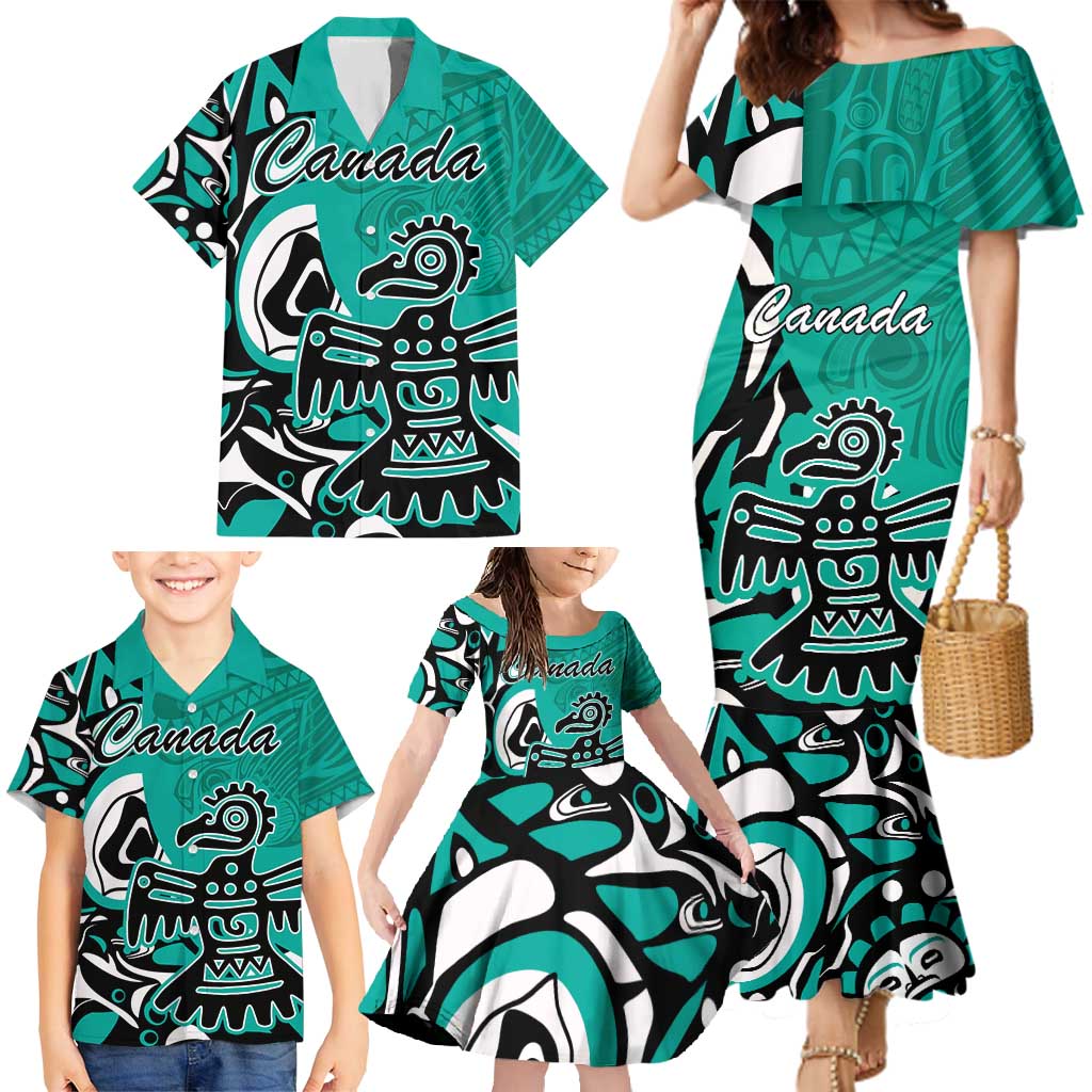 Personalized Canada Haida Eagle Family Matching Mermaid Dress and Hawaiian Shirt Turquoise Style - Wonder Print Shop