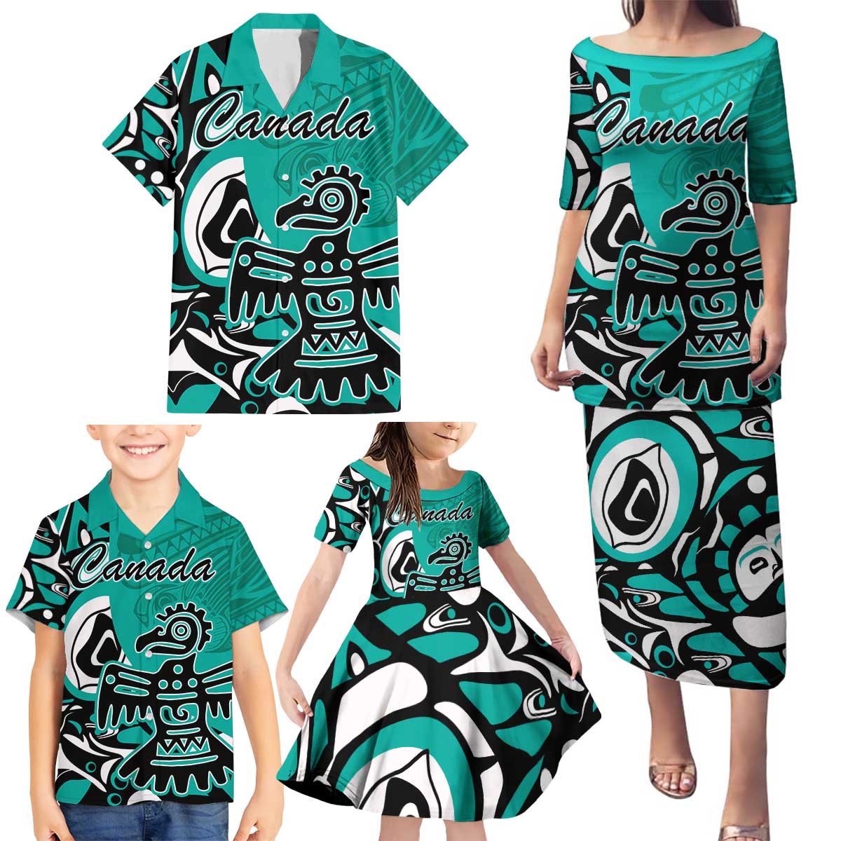 Personalized Canada Haida Eagle Family Matching Puletasi and Hawaiian Shirt Turquoise Style - Wonder Print Shop