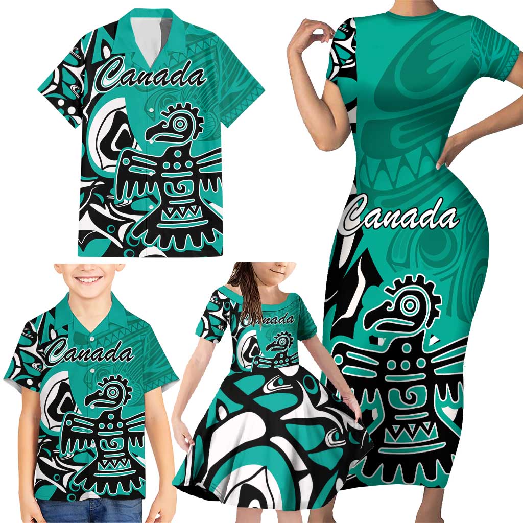 Personalized Canada Haida Eagle Family Matching Short Sleeve Bodycon Dress and Hawaiian Shirt Turquoise Style - Wonder Print Shop