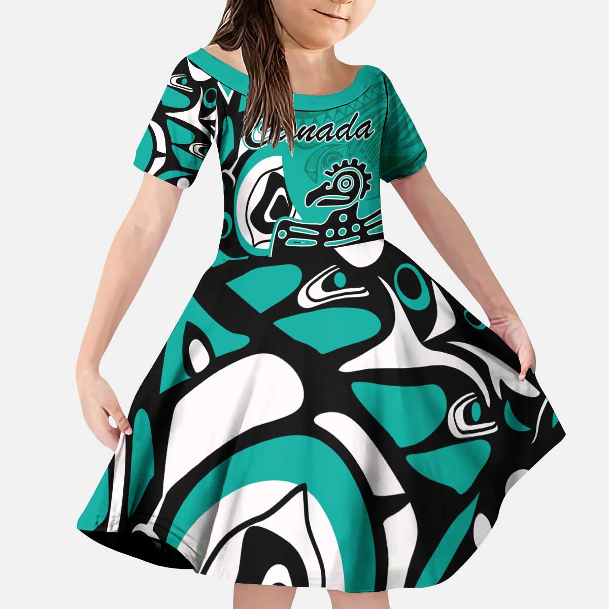 Personalized Canada Haida Eagle Kid Short Sleeve Dress Turquoise Style - Wonder Print Shop