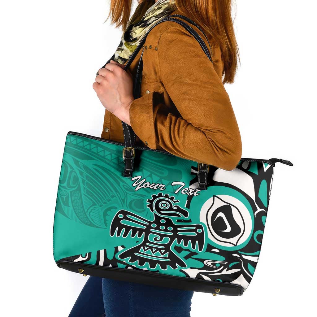 Personalized Canada Haida Eagle Leather Tote Bag Turquoise Style