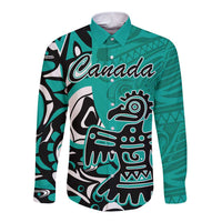 Turquoise long-sleeve button shirt with Canada and eagle graphic, bold tribal pattern.