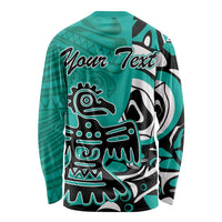 Turquoise long-sleeve shirt with eagle tribal print and "Your Text" on back