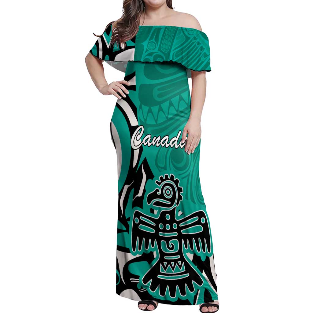 Personalized Canada Haida Eagle Off Shoulder Maxi Dress Turquoise Style - Wonder Print Shop