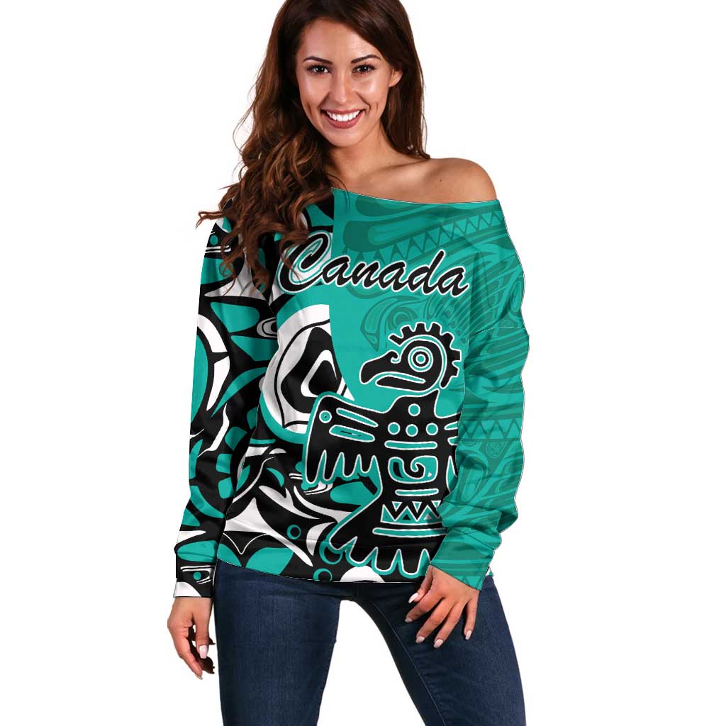 Personalized Canada Haida Eagle Off Shoulder Sweater Turquoise Style - Wonder Print Shop