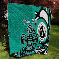 Turquoise personalized quilt with Haida-style eagle graphic and “Your Text”