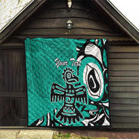 Turquoise personalized quilt with Haida eagle artwork and “Your Text,” wall-hung