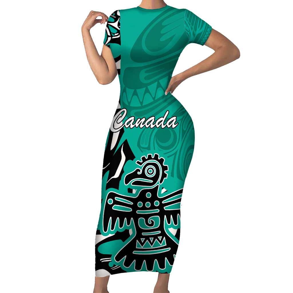 Personalized Canada Haida Eagle Short Sleeve Bodycon Dress Turquoise Style