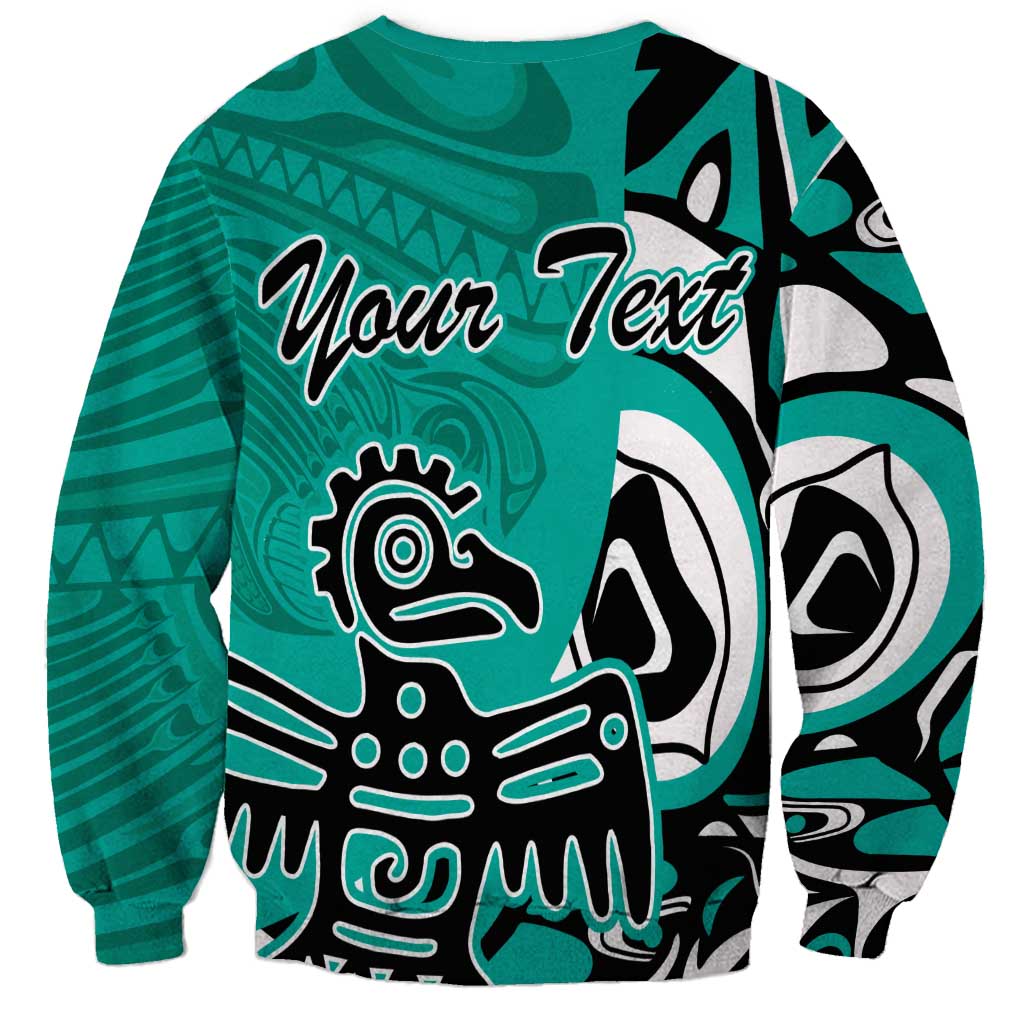 Turquoise personalized sweatshirt with 'Your Text' and Haida-style eagle graphic