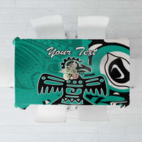 Personalized turquoise tablecloth with bold eagle design and “Your Text” centered